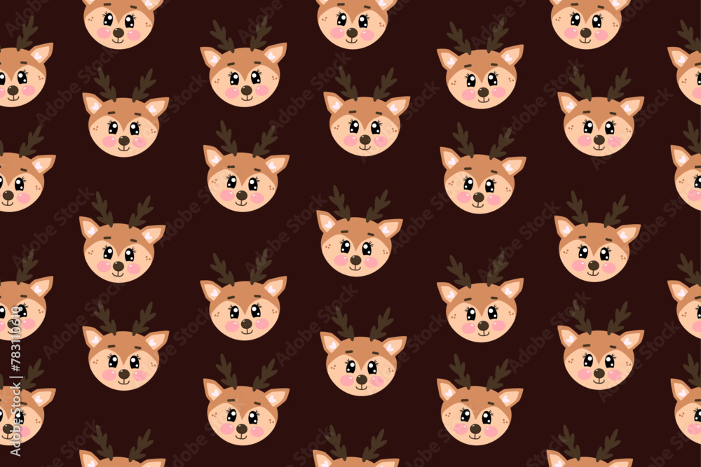 Seamless pattern with lovely kawaii head of deer. Cute vector wallpaper for nursery, print or textile for kids Seamless pattern with lovely kawaii head of deer. Cute vector wallpaper for nursery, print or textile for kids