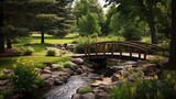 Backyard features charming wooden bridge over stream
