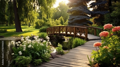 Wooden footbridge over pond in backyard photo