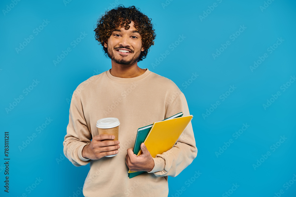A man, dressed casually, holding a book and a cup of coffee. A man, dressed casually, holding a book and a cup of coffee.