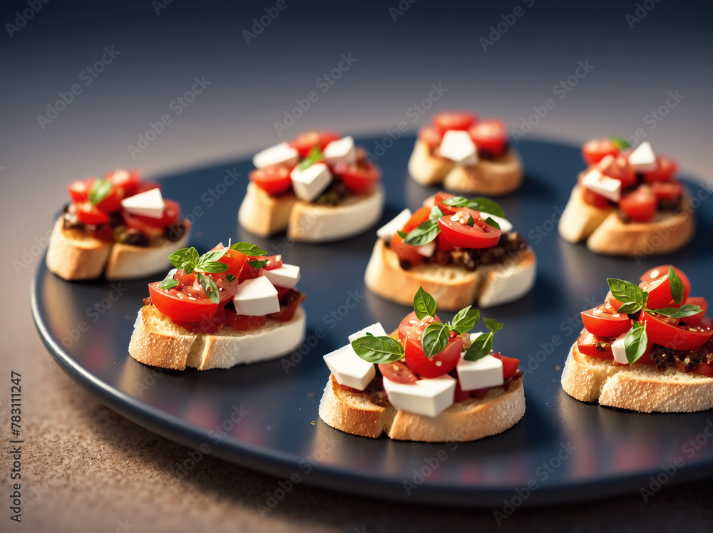 A platter of appetizers on a black plate. A platter of appetizers on a black plate.