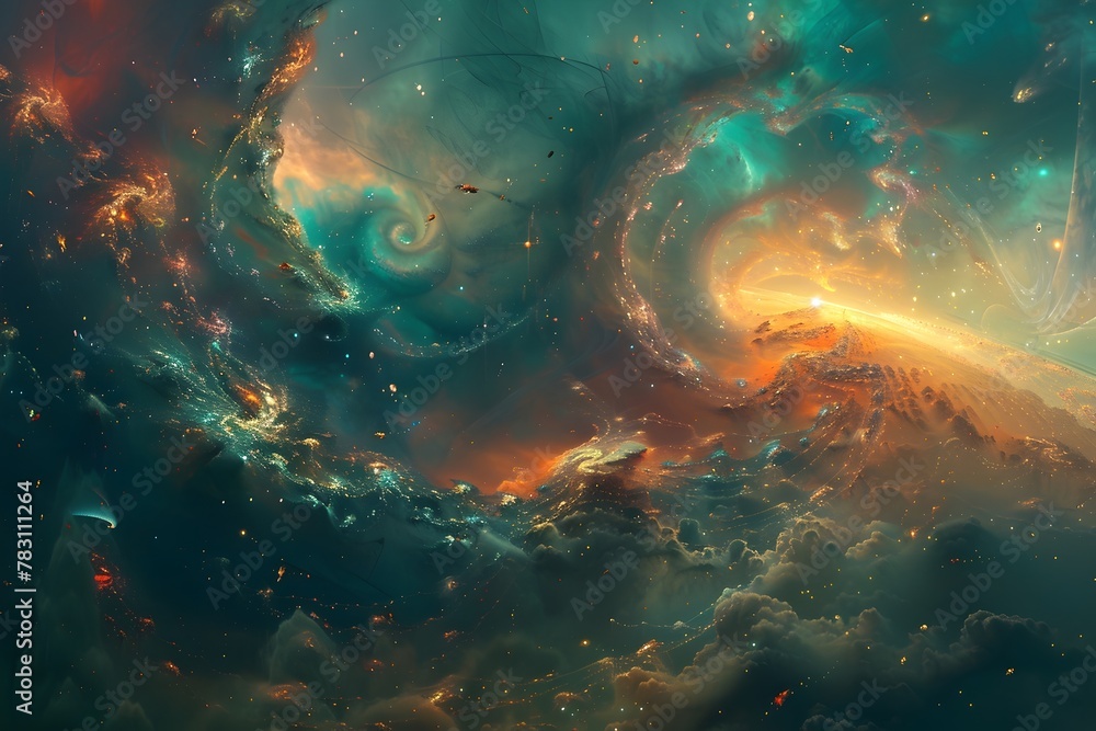 A colorful space scene with a spiral galaxy and a bright orange cloud. Scene is one of wonder and awe, as it captures the vastness and beauty of the universe