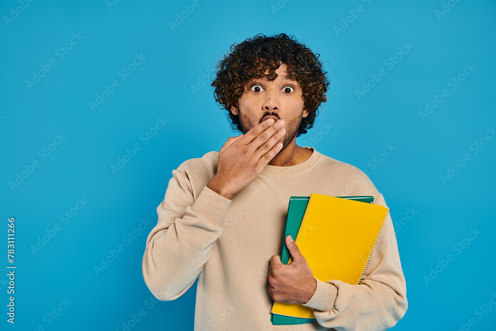 A man of Indian descent stands in casual attire against a blue backdrop, holding a folder and displaying a surprised expression. A man of Indian descent stands in casual attire against a blue backdrop, holding a folder and displaying a surprised expression.