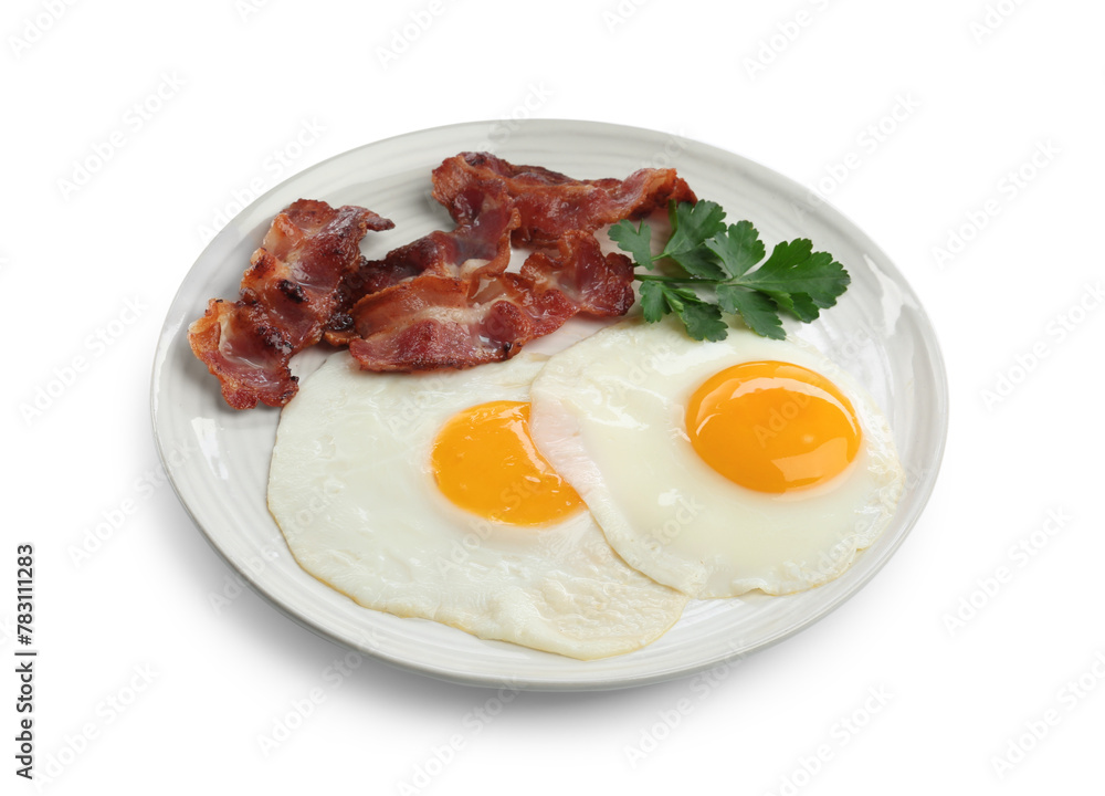 Delicious breakfast with sunny side up eggs isolated on white Delicious breakfast with sunny side up eggs isolated on white