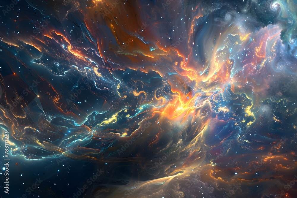 A colorful galaxy with a bright orange cloud in the middle. The stars ...