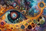 A colorful painting of an eye with a blue dot in the center. The painting is full of bright colors and has a dreamy, surreal feel to it