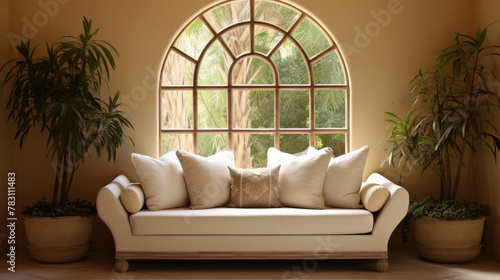 Beige elegant sofa against of arched window near brown stucco wa Generative AI