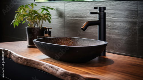 Stylish black vessel sink and faucet on wooden countertop. Interior design of modern bathroom. Generative AI