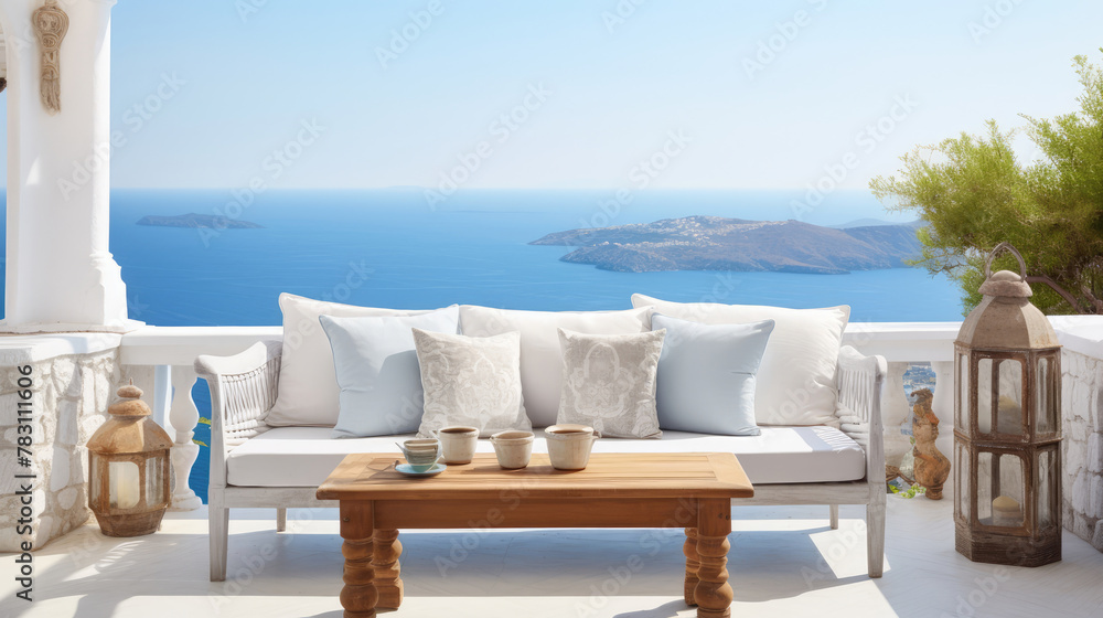 Rustic lounge sofa and coffee table on white stone terrace. Traditional mediterranean architecture. Summer background with sea view. Generative AI