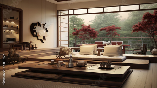 Japanese style interior design of modern living room with cozy sofa. Generative AI