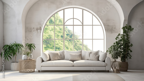 White sofa in boho style room with arched window and stucco walls. Rustic interior design of modern living room. technology. Generative AI
