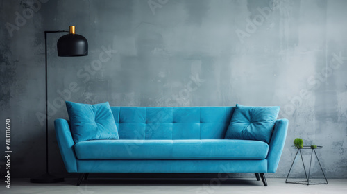 Blue stylish sofa near grunge concrete wall. Loft interior design of modern living room. Generative AI