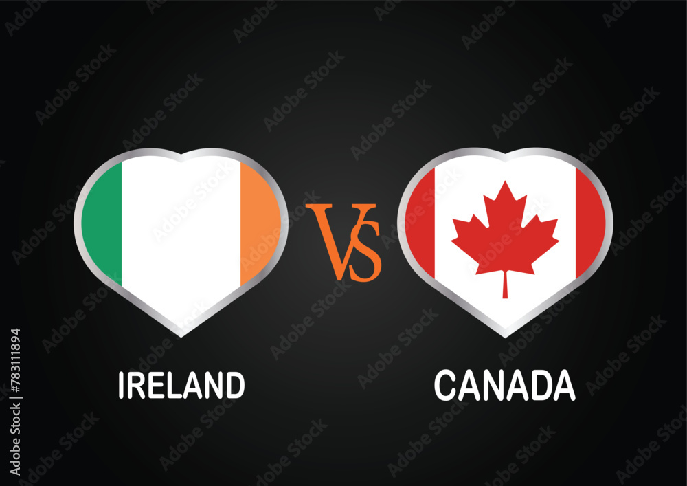 Fototapeta premium Ireland Vs Canada, Cricket Match concept with creative illustration of participant countries flag Batsman and Hearts isolated on black background