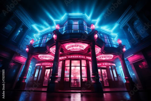 Low angle capturing the grandeur Realistic style with neon lighting effects