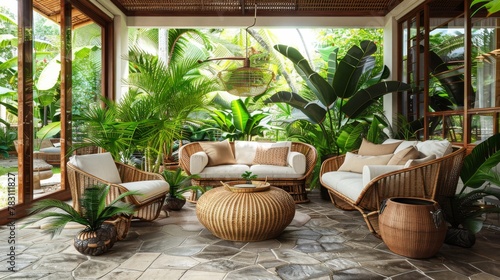 Tropical open-air lounge area with rattan furniture and lush greenery in a serene outdoor setting