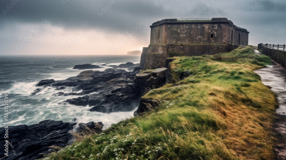 Coastal fort amidst morning storm