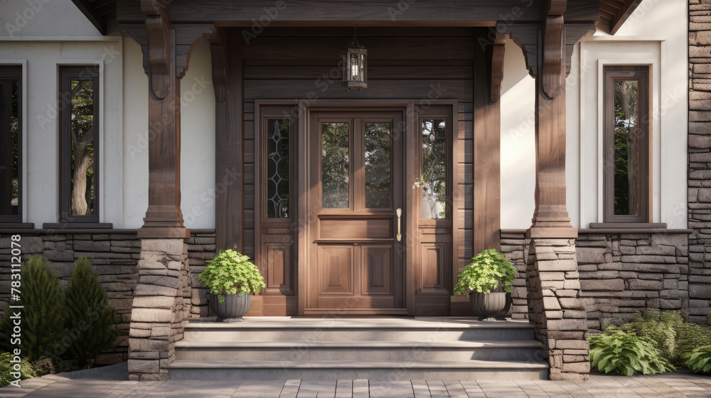 Main entrance door in house. Wooden front door with gabled porch and landing. Exterior of georgian style home cottage with columns and stone cladding. Generative AI