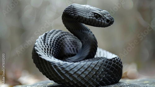 A black snake is curled up on a rock. The snake is black and has a long, thin body photo