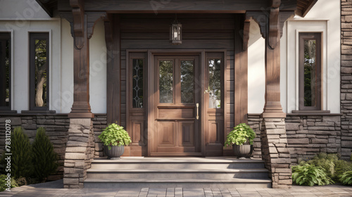 Main entrance door in house. Wooden front door with gabled porch and landing. Exterior of georgian style home cottage with columns and stone cladding. Generative AI photo