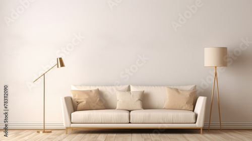 Beige sofa between side table and brass floor lamp near blank wall with copy space. Minimalist interior design of modern living room. Generative AI