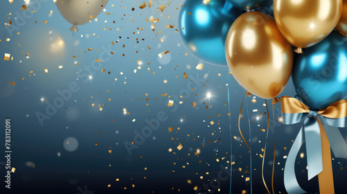 Holiday background with golden and blue metallic balloons, confetti and ribbons. Festive card for birthday party, anniversary, new year, christmas or other events. Generative AI