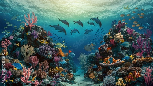 June 8  World oceans day  with underwater ocean  dolphin  shark  coral  sea plants  stingray and turtle