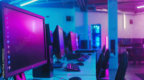 A row of computer monitors are on a desk. The monitors are all different sizes and colors. The room is brightly lit and the monitors are all turned on
