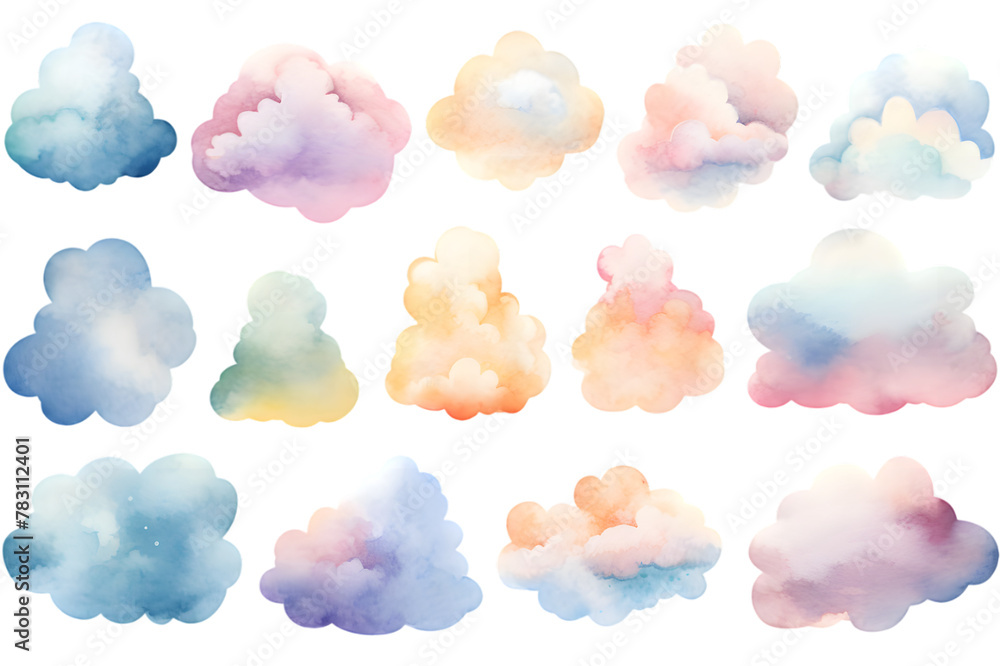 Watercolor pink and blue clouds isolated on transparent background