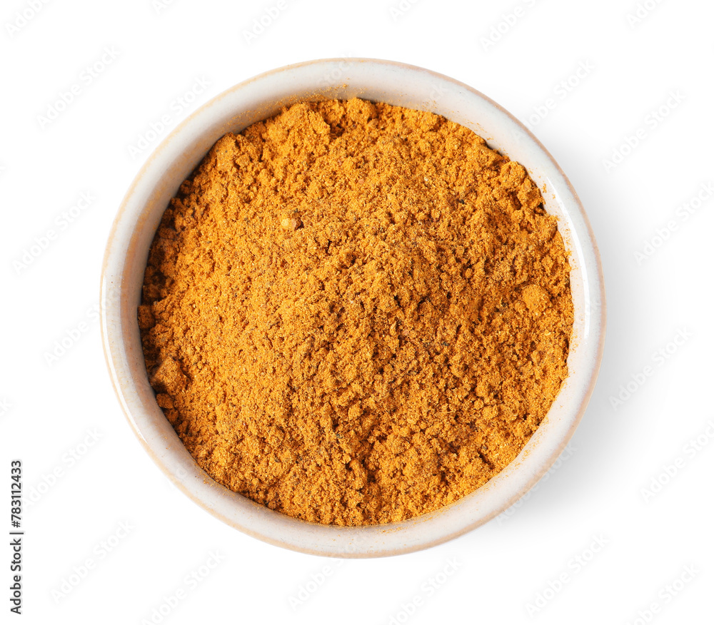 Curry powder in bowl isolated on white, top view Curry powder in bowl isolated on white, top view