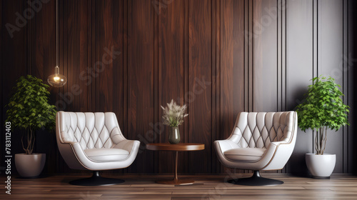 Two white leather swivel chairs with wooden elements near dark wooden paneling wall. Interior design of modern living room. Generative AI