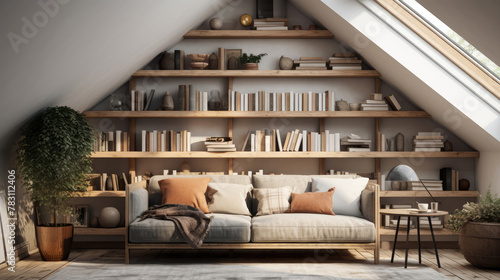 Rustic sofa against shelving unit with books, scandinavian home interior design of modern living room in attic with skylights Generative AI
