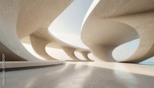 3D render of abstract futuristic architecture with empty concrete floor, product and car presentation background, copy space, Geometric structure design