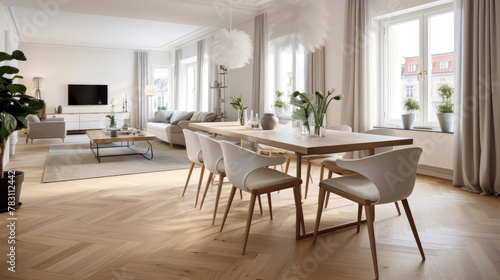 Scandinavian apartment with parquet flooring. Interior design of modern dining room. Generative AI © Fang