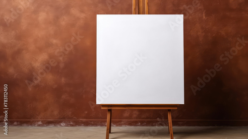 Wooden easel with white blank canvas with copy space against brown venetian stucco wall. Home interior design of modern living room. Generative AI