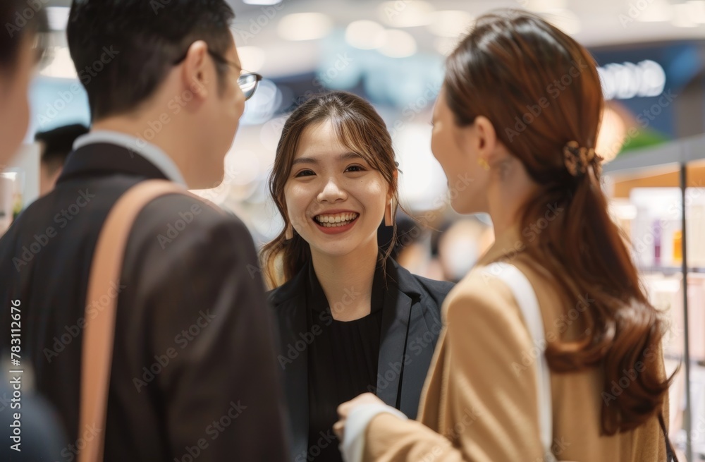 scene of friends in Asian business casual attire enjoying each other's company at an exhibition booth, their laughter echoing the bonds of friendship. scene of friends in Asian business casual attire enjoying each other's company at an exhibition booth, their laughter echoing the bonds of friendship.