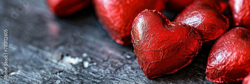 Indulge in the essence of love with this captivating image of red foil-wrapped chocolate hearts photo