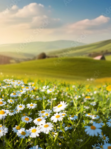 Beautiful spring and summer natural landscape with blooming field of daisies in grass in the hilly countryside.
