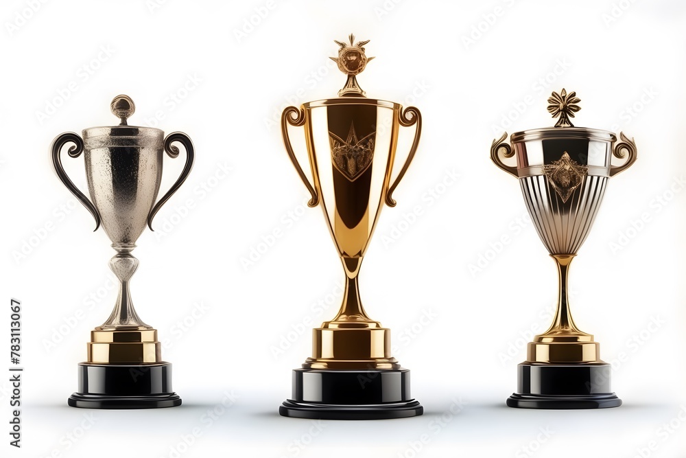 Winner award podium three prizes, silver, gold, bronze, trophies on white background Winner award podium three prizes, silver, gold, bronze, trophies on white background