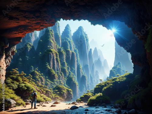 A person standing in front of a cave entrance, looking out into the distance.