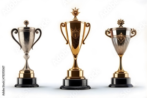Winner award podium three prizes, silver, gold, bronze, trophies on white background
