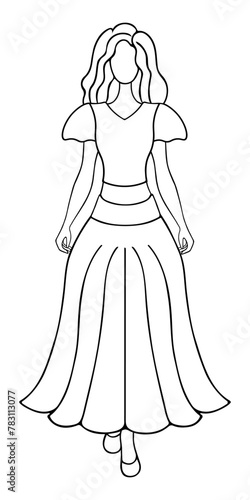 Fashionable lady. Sketch. Vector illustration. A woman in a blouse with bell sleeves and a fluffy long skirt with a belt. Doodle style. Girl with wavy hair. Outline on isolated background. Coloring 