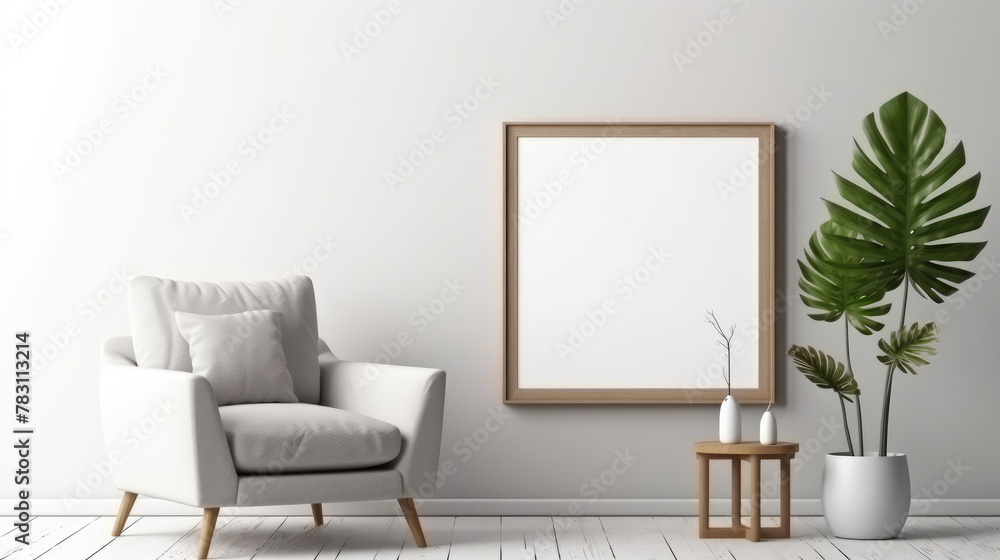 Empty mock up poster frame on white wall. Interior design of modern living room with armchair. Generative AI Empty mock up poster frame on white wall. Interior design of modern living room with armchair. Generative AI