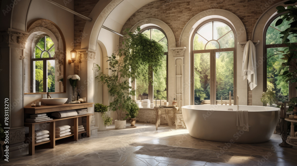 Mediterranean interior design of modern spacious bathroom with rustic elements and arched windows. technology. Generative AI