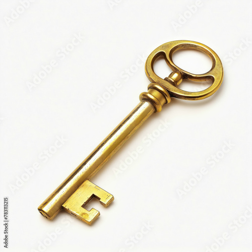 Large brass key on white background.