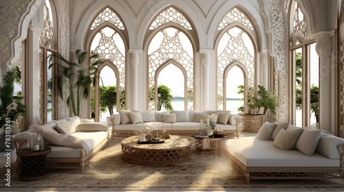 Luxury eastern interior design of modern living room with carved furniture and arched windows. Generative AI