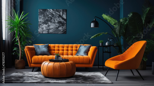 Orange tufted sofa and dark blue armchair and pouf. Interior design of modern living room. Generative AI photo