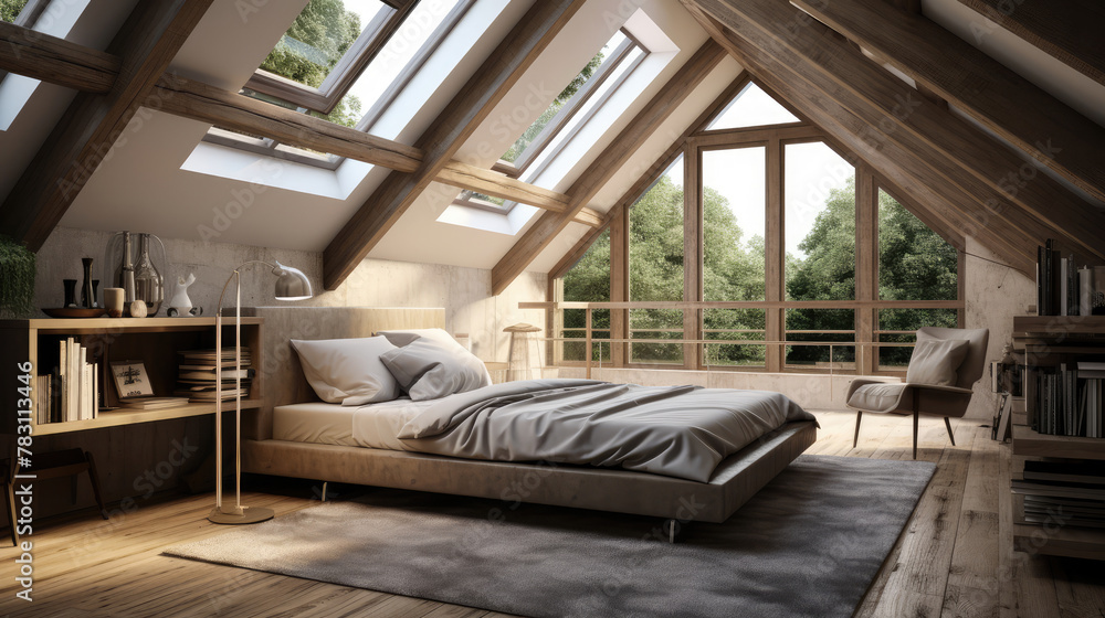 Interior design of modern bedroom in attic with wooden beams and Generative AI Interior design of modern bedroom in attic with wooden beams and Generative AI