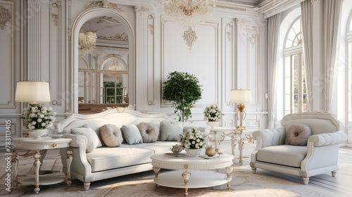 Spacious classic room with comfortable sofas. Neoclassical interior design of modern living room. Generative AI photo