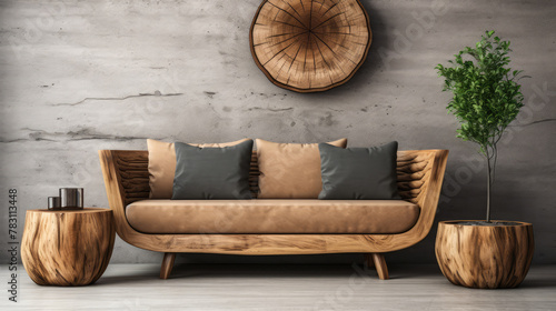 Round rustic loveseat sofa and stump side table near wall with beautiful and unique wooden cut decor. Interior design of modern scandinavian living room. Generative AI