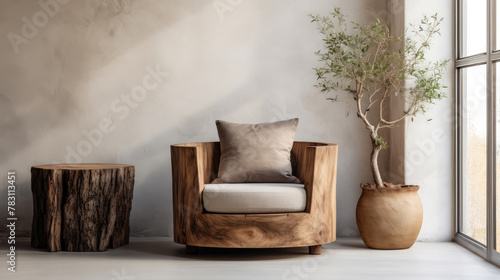 Hand-crafted barrel chair made from solid wood and stump coffee table near grunge stucco wall and window. Rustic style interior design of modern living room in farmhouse. Generative AI